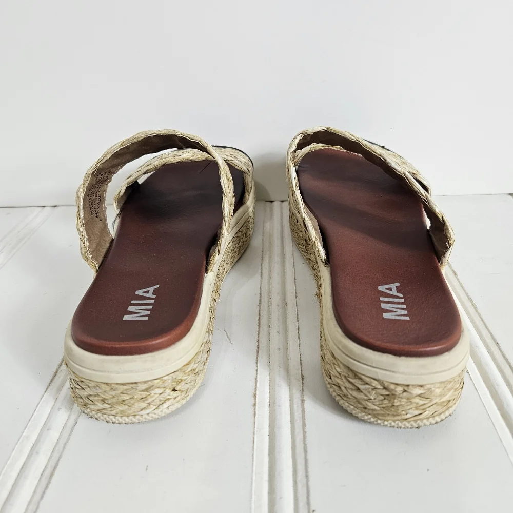 MIA Kady Platform Slide Sandals 6.5 Braided Raffia Slip On Natural Woven